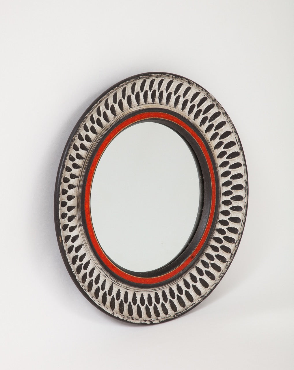 Etched Petite Glazed Ceramic Wall Mirror - France 1960's