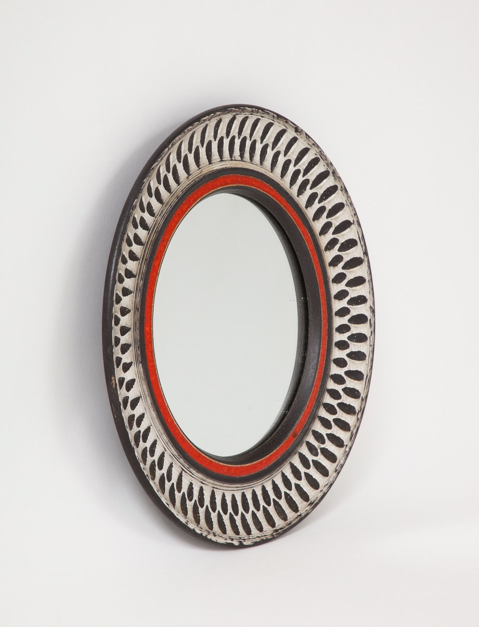 Etched Petite Glazed Ceramic Wall Mirror - France 1960's