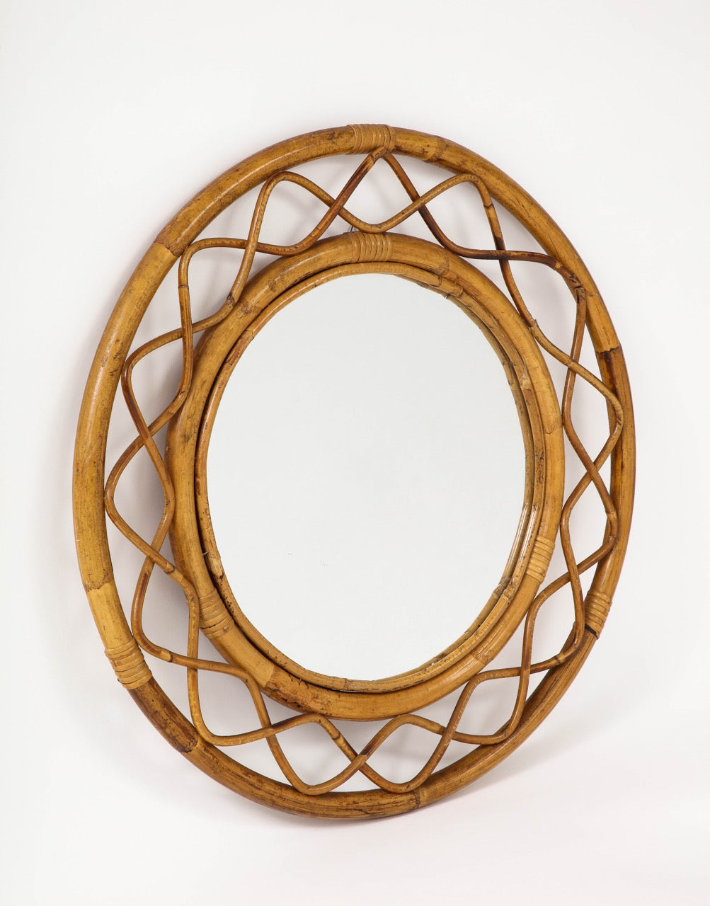 Midcentury French Braided Rattan and Bamboo Round Wall Mirror