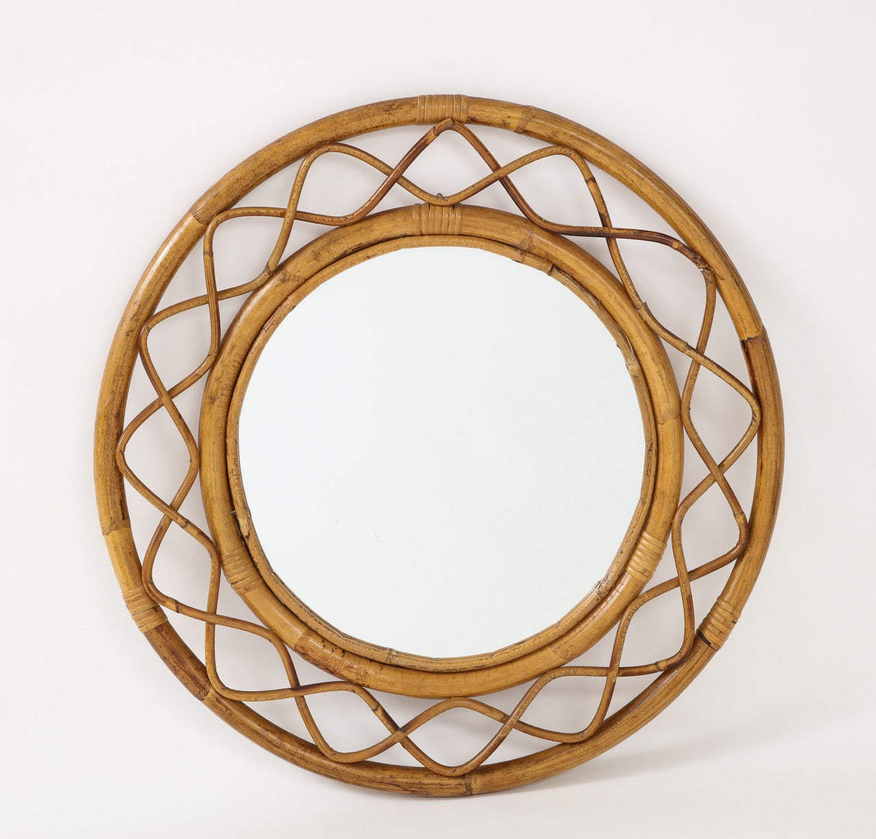 Midcentury French Braided Rattan and Bamboo Round Wall Mirror