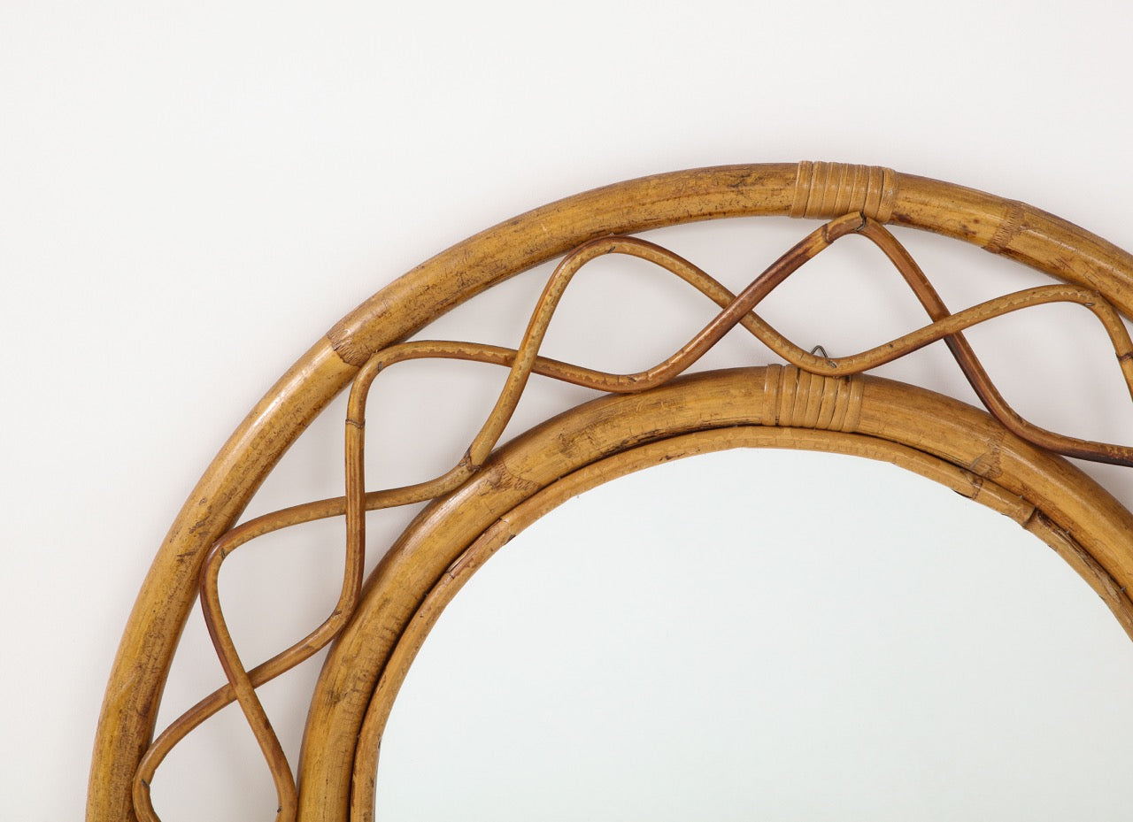 Midcentury French Braided Rattan and Bamboo Round Wall Mirror