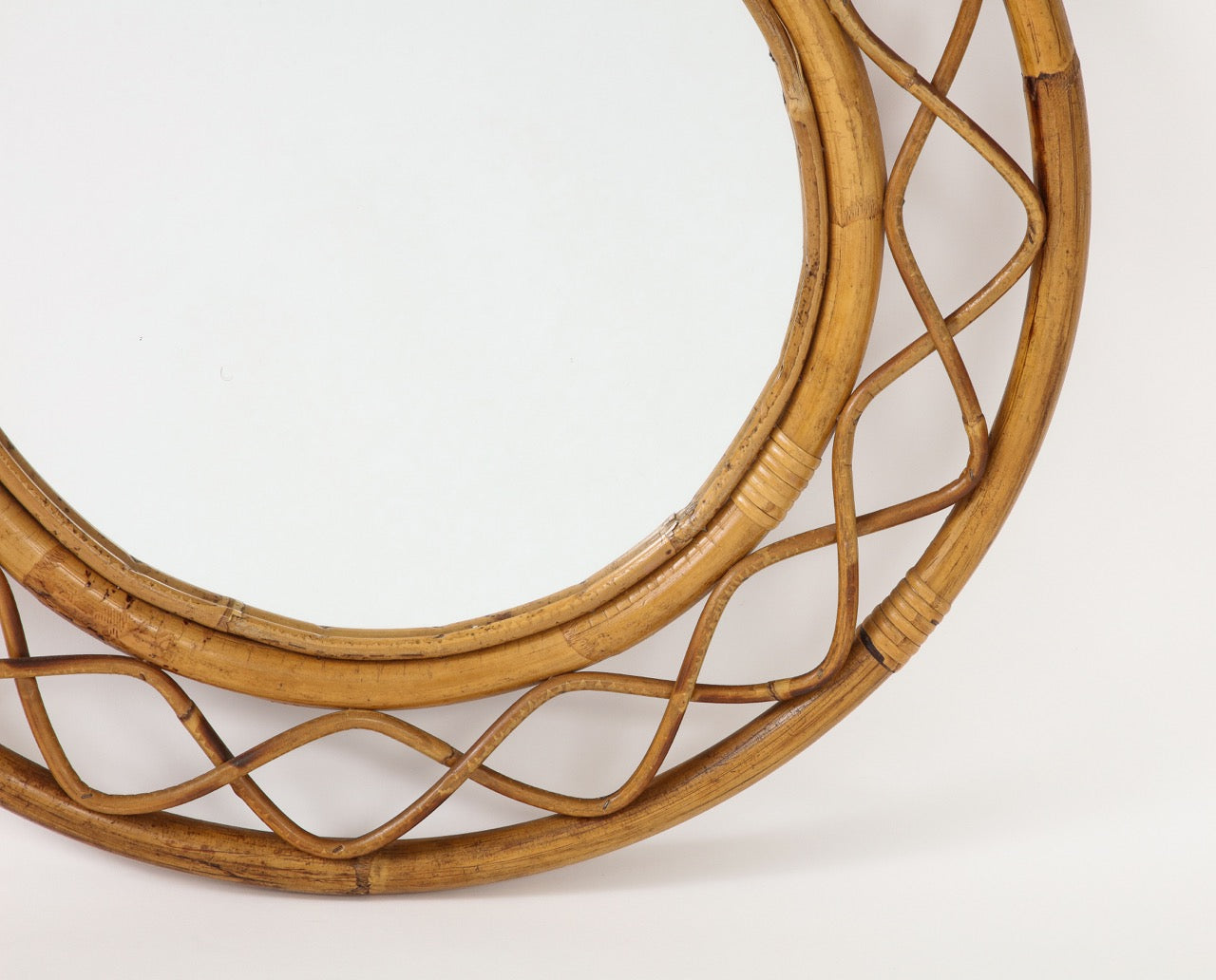 Midcentury French Braided Rattan and Bamboo Round Wall Mirror