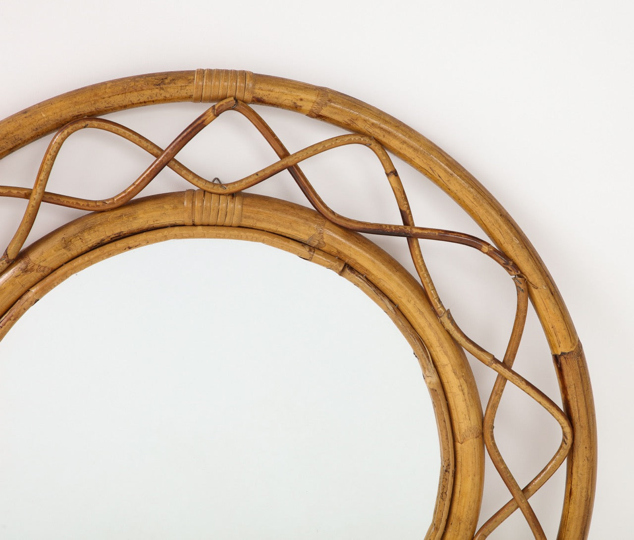 Midcentury French Braided Rattan and Bamboo Round Wall Mirror