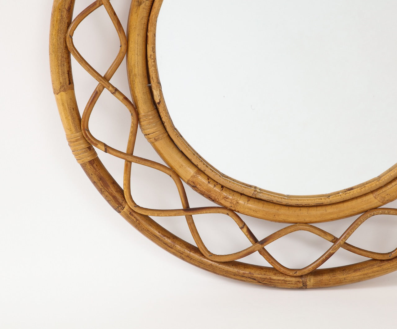 Midcentury French Braided Rattan and Bamboo Round Wall Mirror