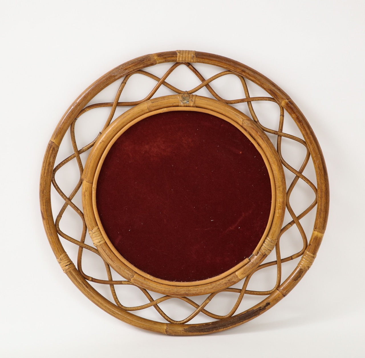 Midcentury French Braided Rattan and Bamboo Round Wall Mirror