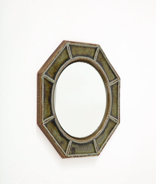 Petite "Cloisonné" Green Enameled Ceramic Octogonal Wall Mirror, France, 1960's