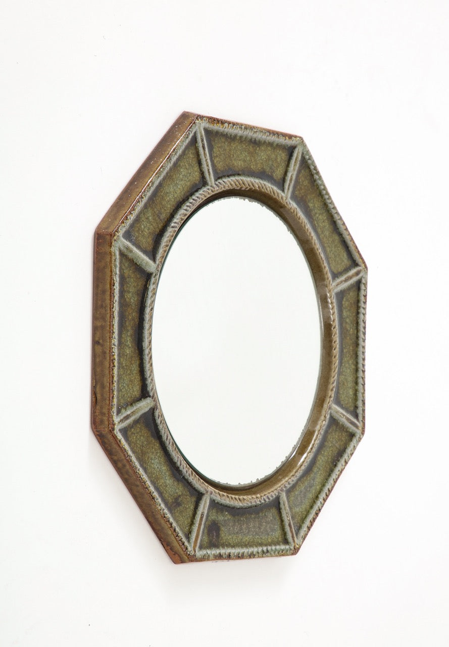 Petite "Cloisonné" Green Enameled Ceramic Octogonal Wall Mirror, France, 1960's