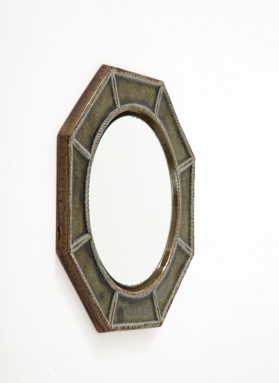 Petite "Cloisonné" Green Enameled Ceramic Octogonal Wall Mirror, France, 1960's