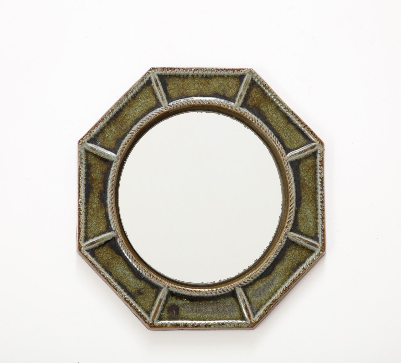 Petite "Cloisonné" Green Enameled Ceramic Octogonal Wall Mirror, France, 1960's