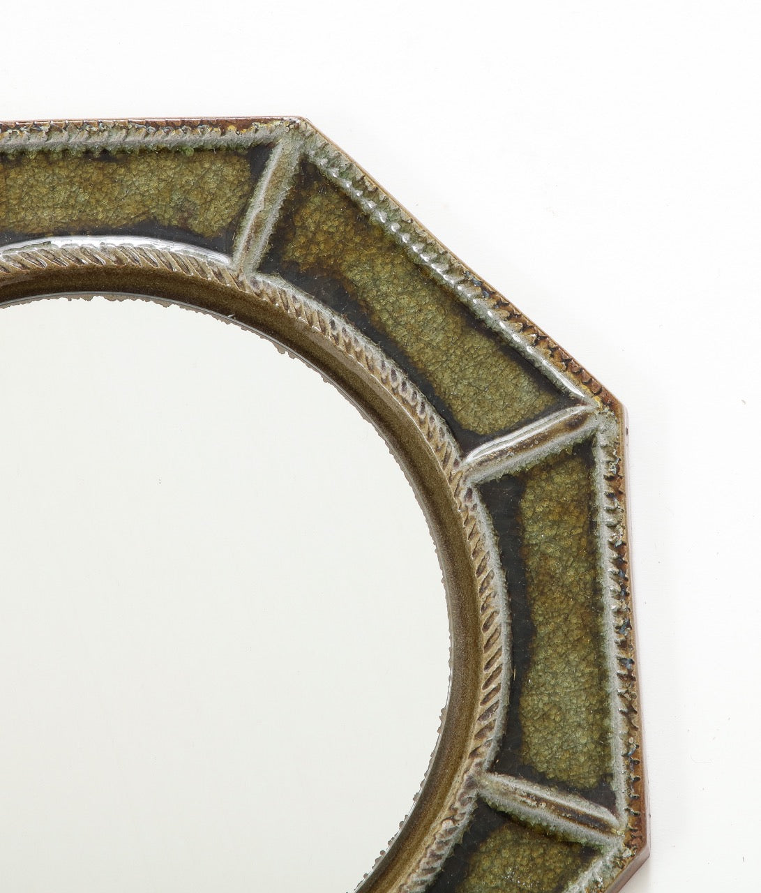 Petite "Cloisonné" Green Enameled Ceramic Octogonal Wall Mirror, France, 1960's