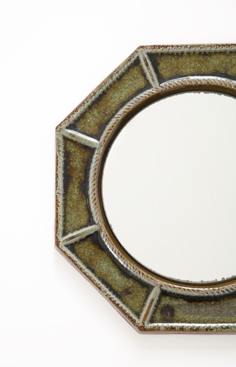 Petite "Cloisonné" Green Enameled Ceramic Octogonal Wall Mirror, France, 1960's