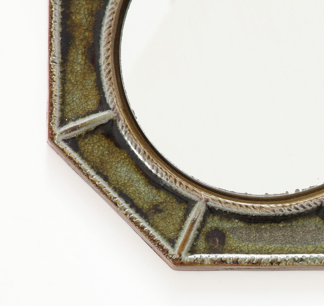 Petite "Cloisonné" Green Enameled Ceramic Octogonal Wall Mirror, France, 1960's