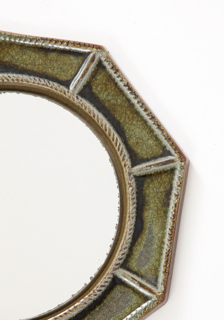 Petite "Cloisonné" Green Enameled Ceramic Octogonal Wall Mirror, France, 1960's