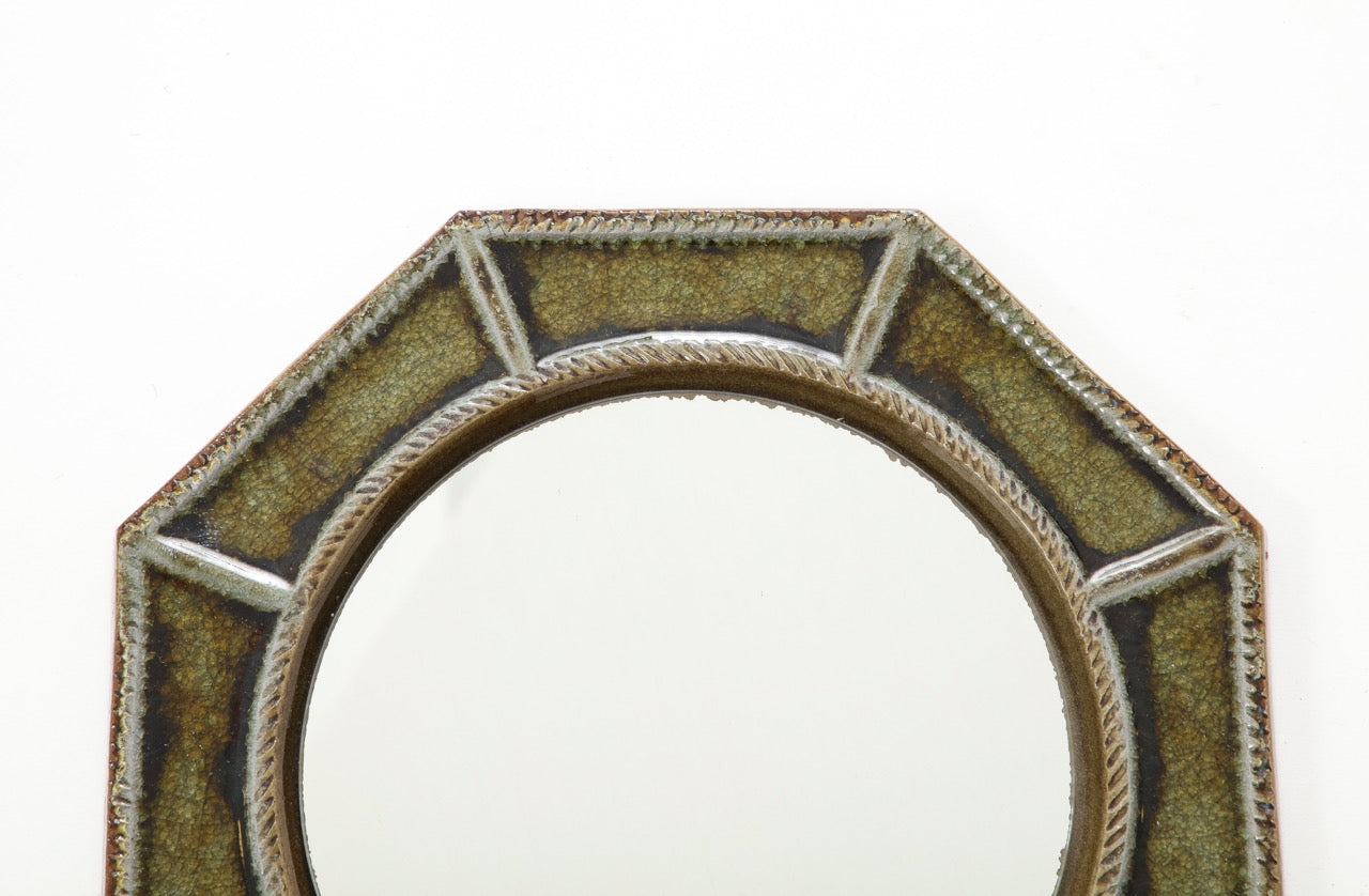 Petite "Cloisonné" Green Enameled Ceramic Octogonal Wall Mirror, France, 1960's