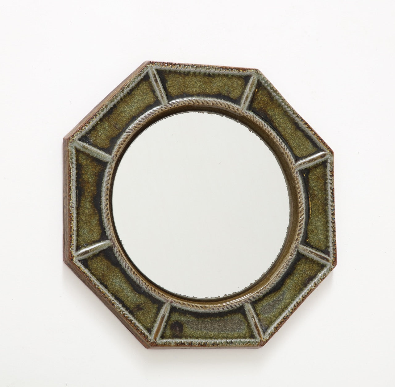 Petite "Cloisonné" Green Enameled Ceramic Octogonal Wall Mirror, France, 1960's