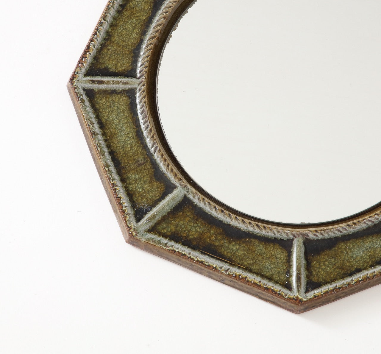 Petite "Cloisonné" Green Enameled Ceramic Octogonal Wall Mirror, France, 1960's