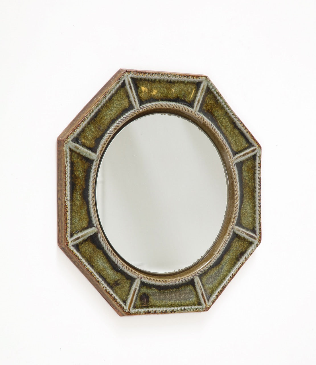 Petite "Cloisonné" Green Enameled Ceramic Octogonal Wall Mirror, France, 1960's