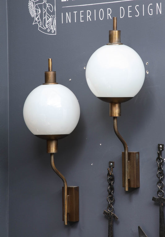 Pair of Patinated Brass and Opaline Sconces - Italy 1960's