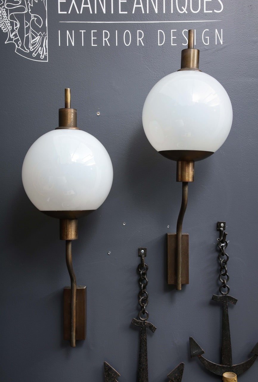 Pair of Patinated Brass and Opaline Sconces - Italy 1960's