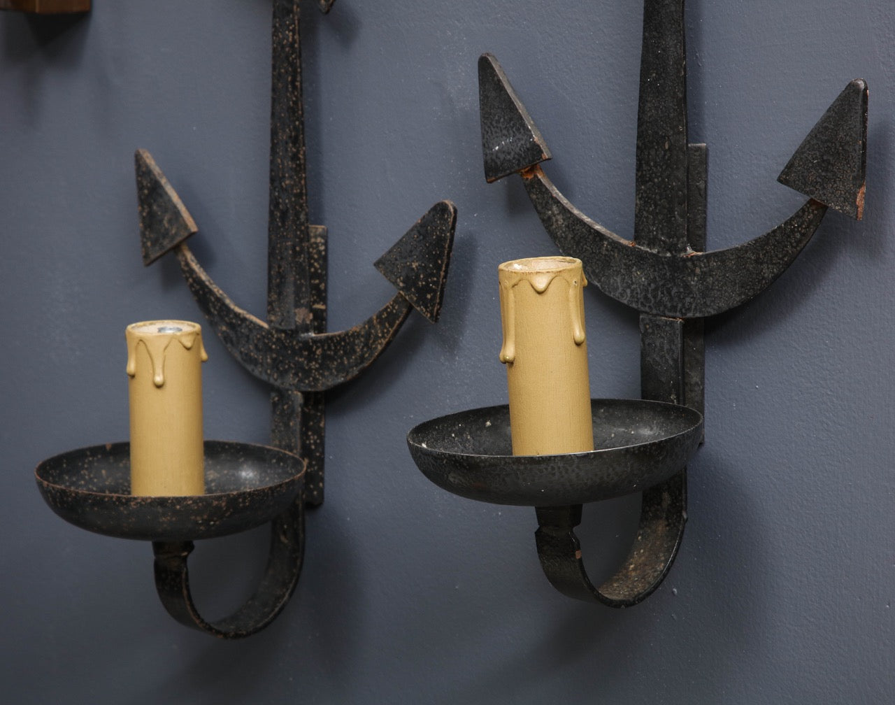 Pair of Brutalist Black Enameled Steel Anchor Shaped Sconces - France 1960's