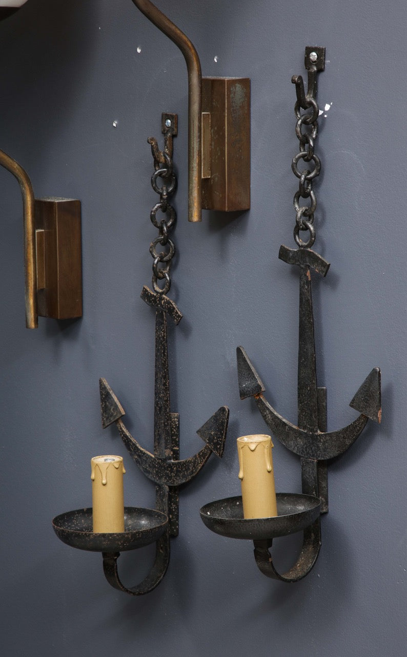 Pair of Brutalist Black Enameled Steel Anchor Shaped Sconces - France 1960's