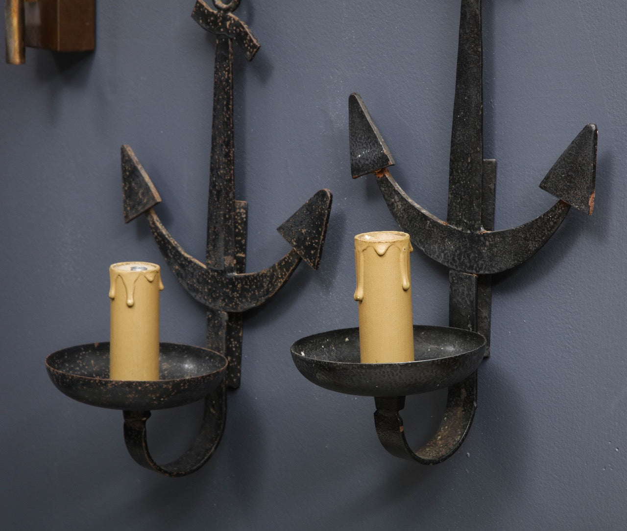 Pair of Brutalist Black Enameled Steel Anchor Shaped Sconces - France 1960's