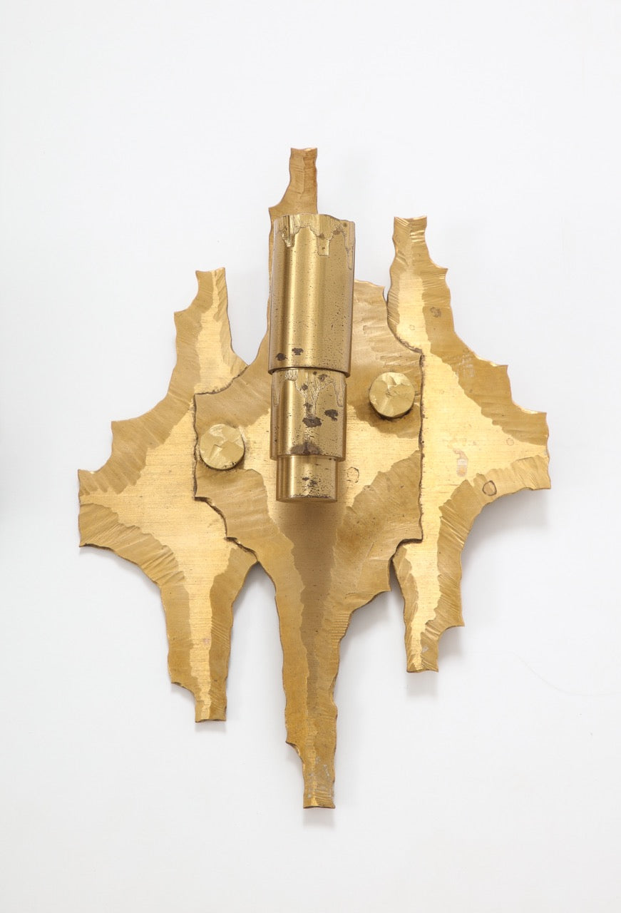 Pair of Brutalist Cut & Etched Brass Sconces - Germany 1970s