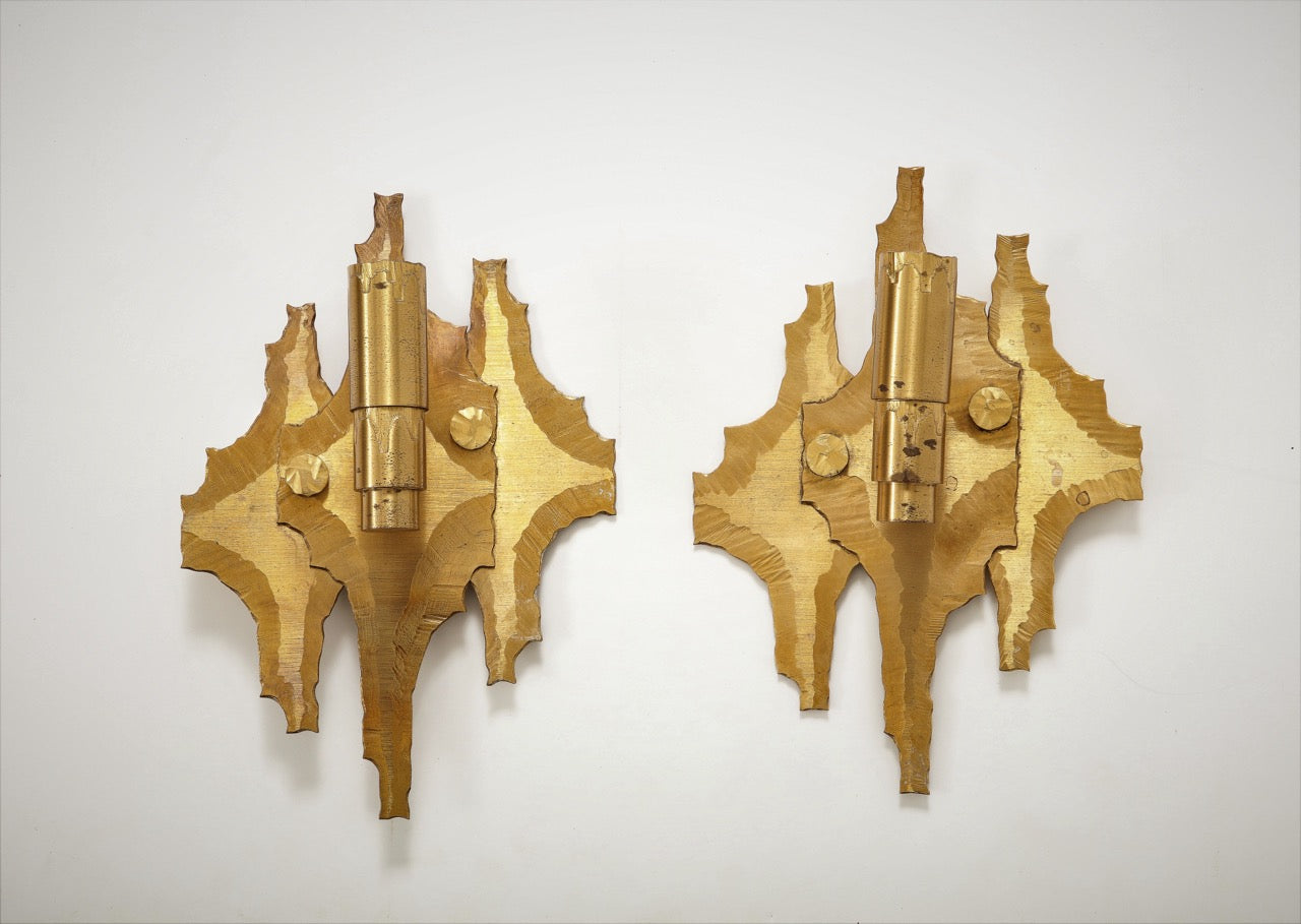 Pair of Brutalist Cut & Etched Brass Sconces - Germany 1970s