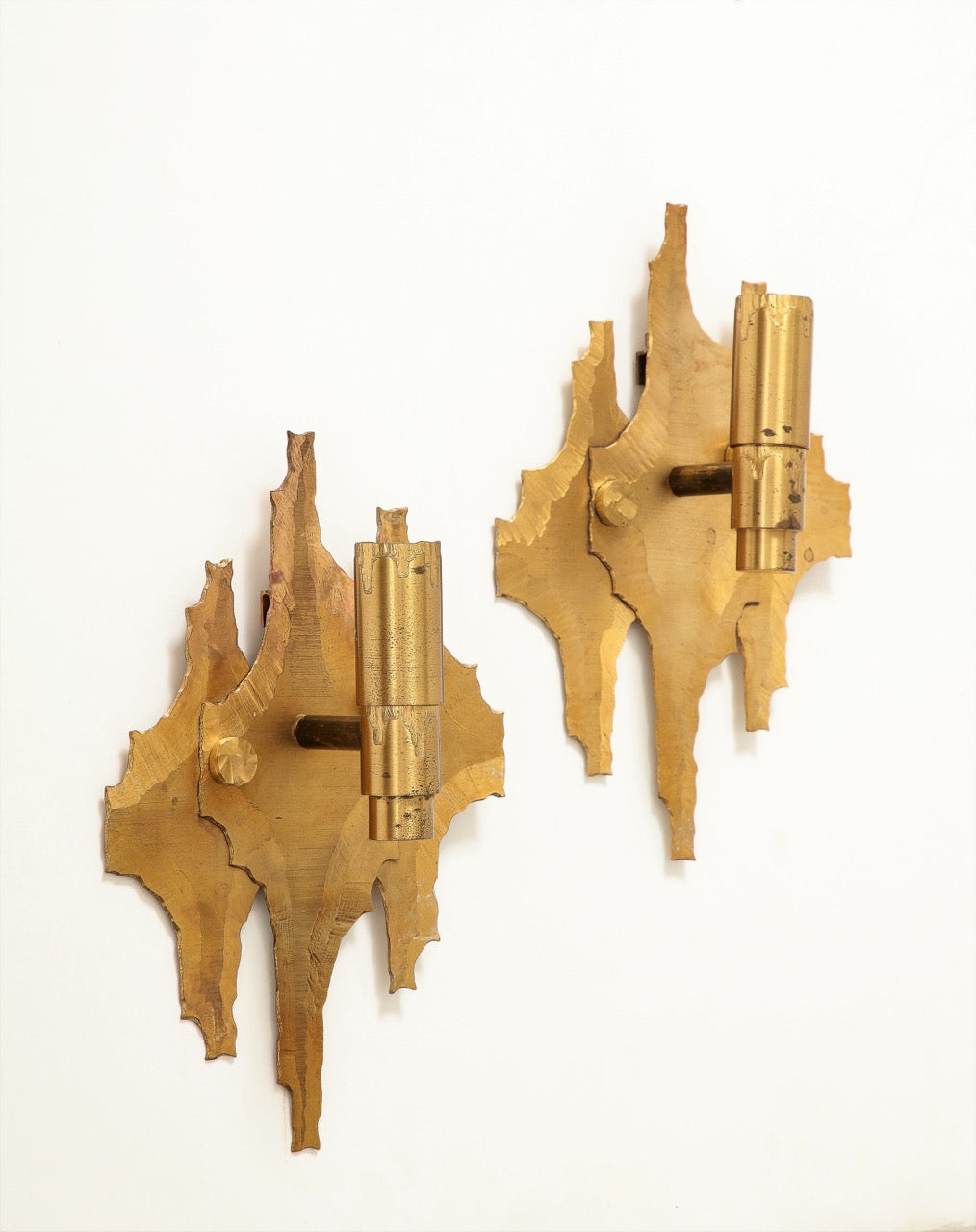 Pair of Brutalist Cut & Etched Brass Sconces - Germany 1970s