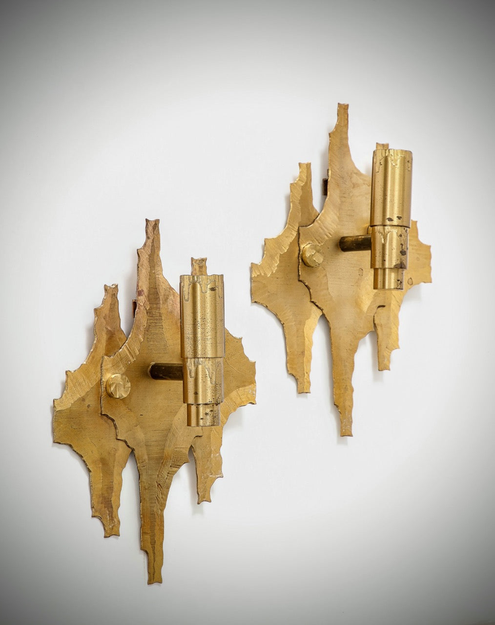 Pair of Brutalist Cut & Etched Brass Sconces - Germany 1970s