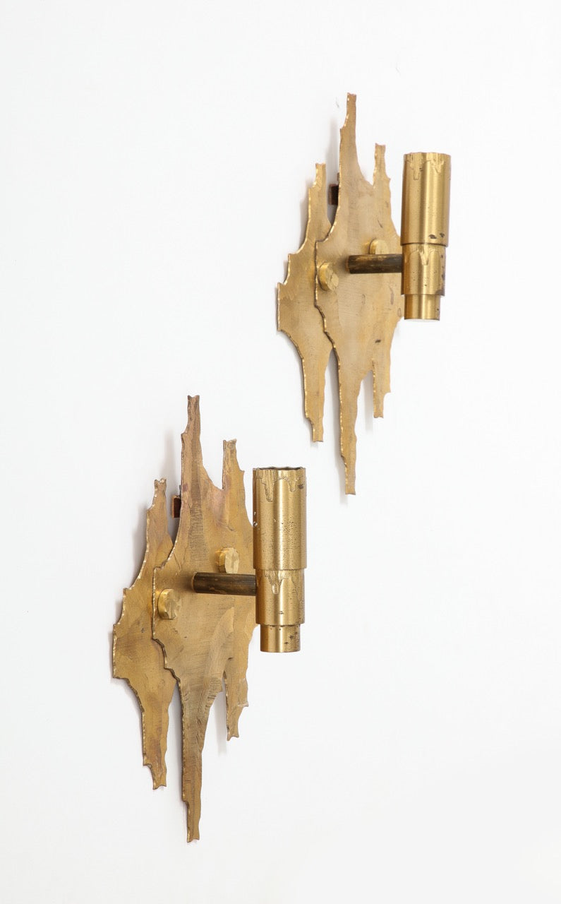 Pair of Brutalist Cut & Etched Brass Sconces - Germany 1970s