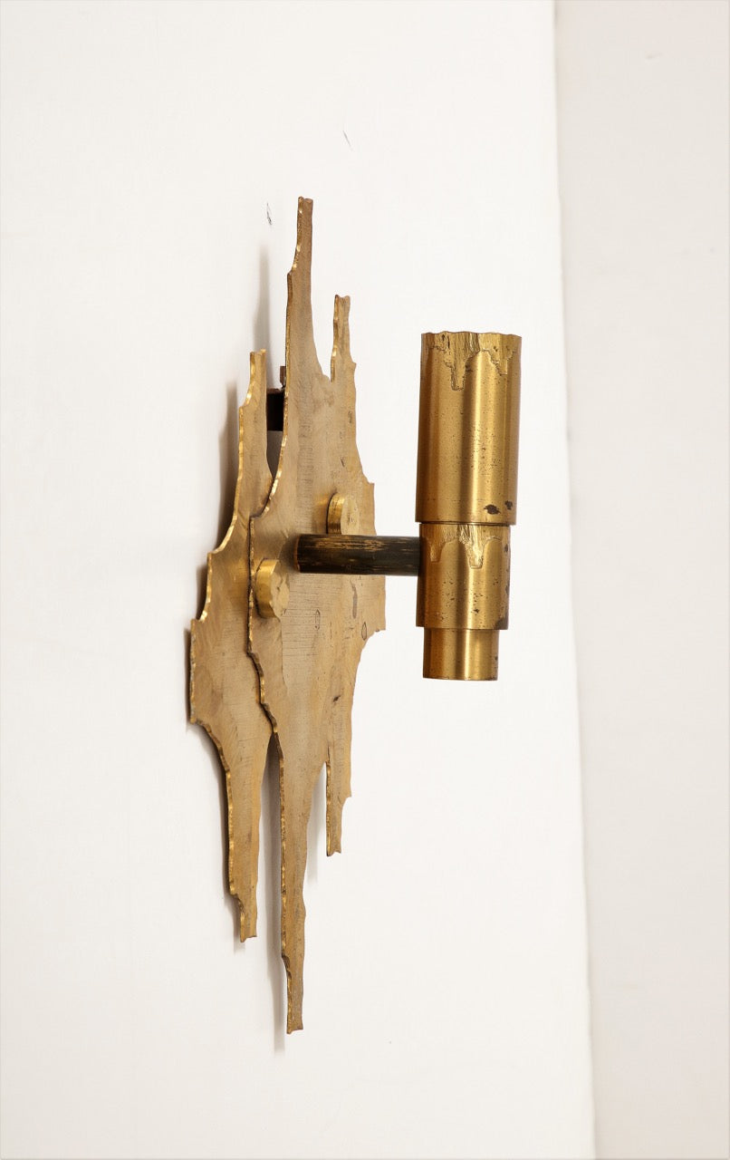 Pair of Brutalist Cut & Etched Brass Sconces - Germany 1970s