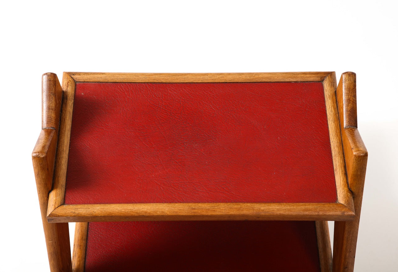 French Reconstruction Era Solid Oak & Red Moleskine Tray Table - France 1950's