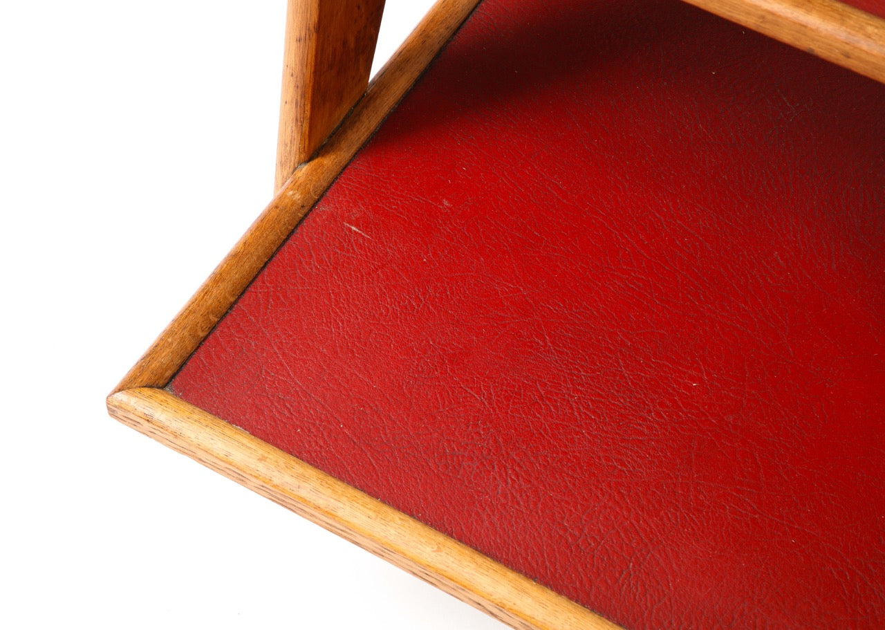 French Reconstruction Era Solid Oak & Red Moleskine Tray Table - France 1950's