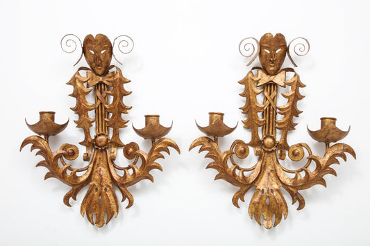 Rare Pair of Gilt "tôle peinte" Venice Carnival Theme Sconces, France, 1960s