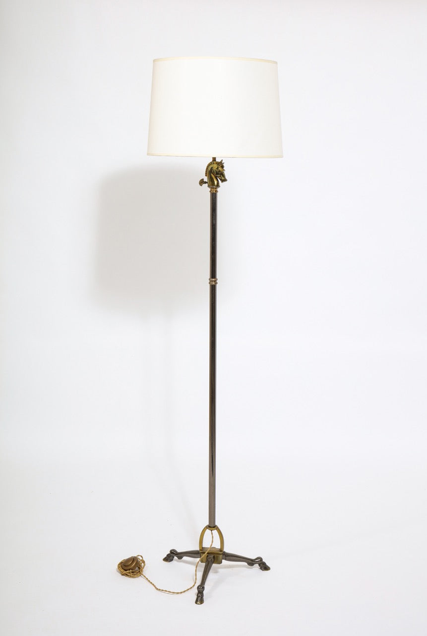 Gunmetal Finish and Bronze Horsehead and Feet Tripod Floor Lamp by Maison Jansen