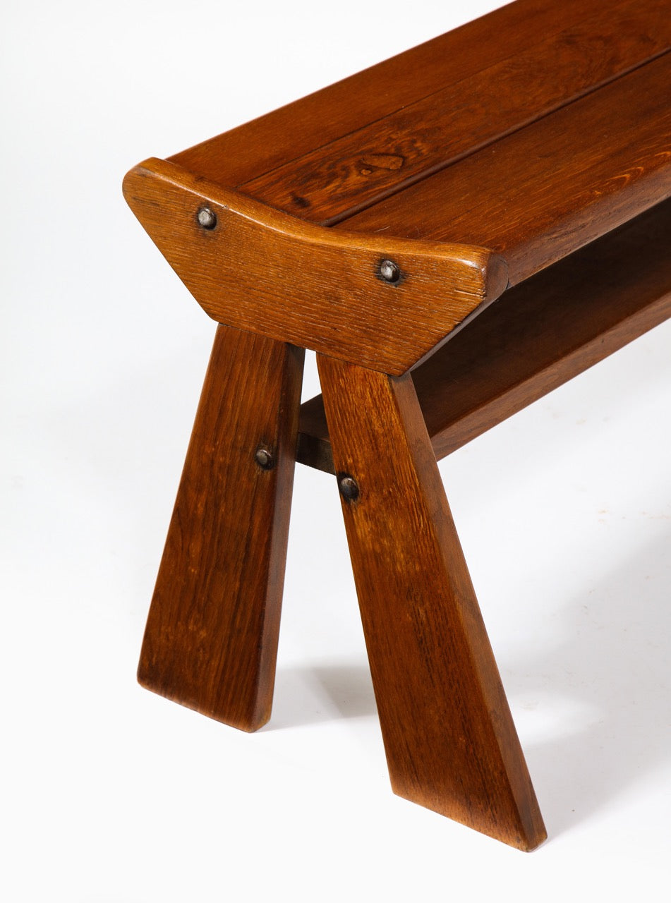 French Reconstruction Era Solid Oak Compact Bench, France, 1940s