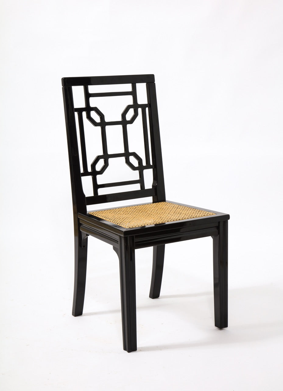 Asian Accents 6 Black Lacquer Wood Canned Chairs by Montina, Italy, 1970's