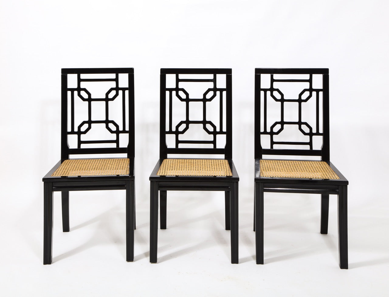 Asian Accents 6 Black Lacquer Wood Canned Chairs by Montina, Italy, 1970's