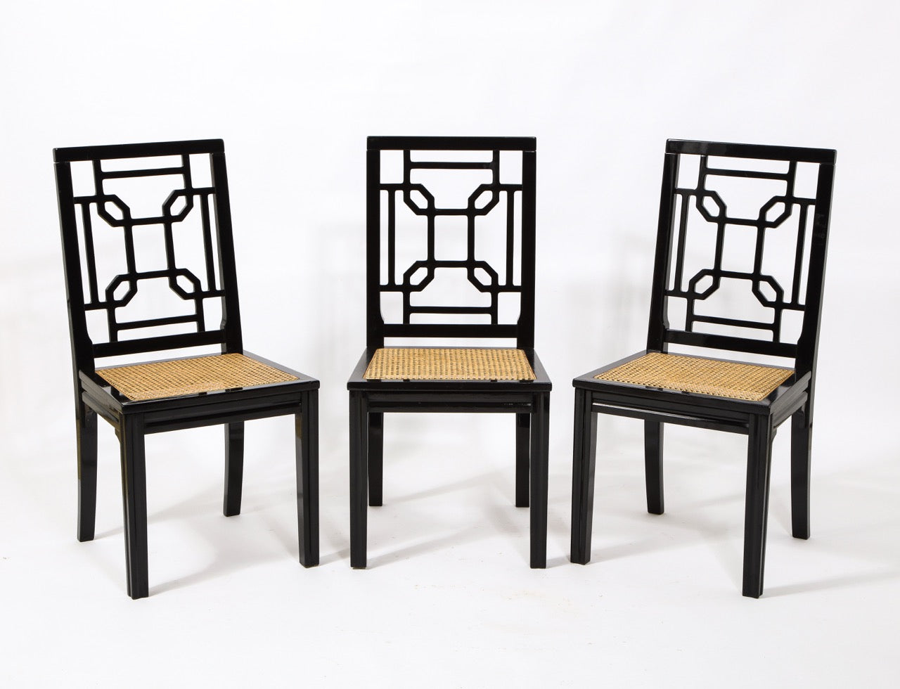 Asian Accents 6 Black Lacquer Wood Canned Chairs by Montina, Italy, 1970's