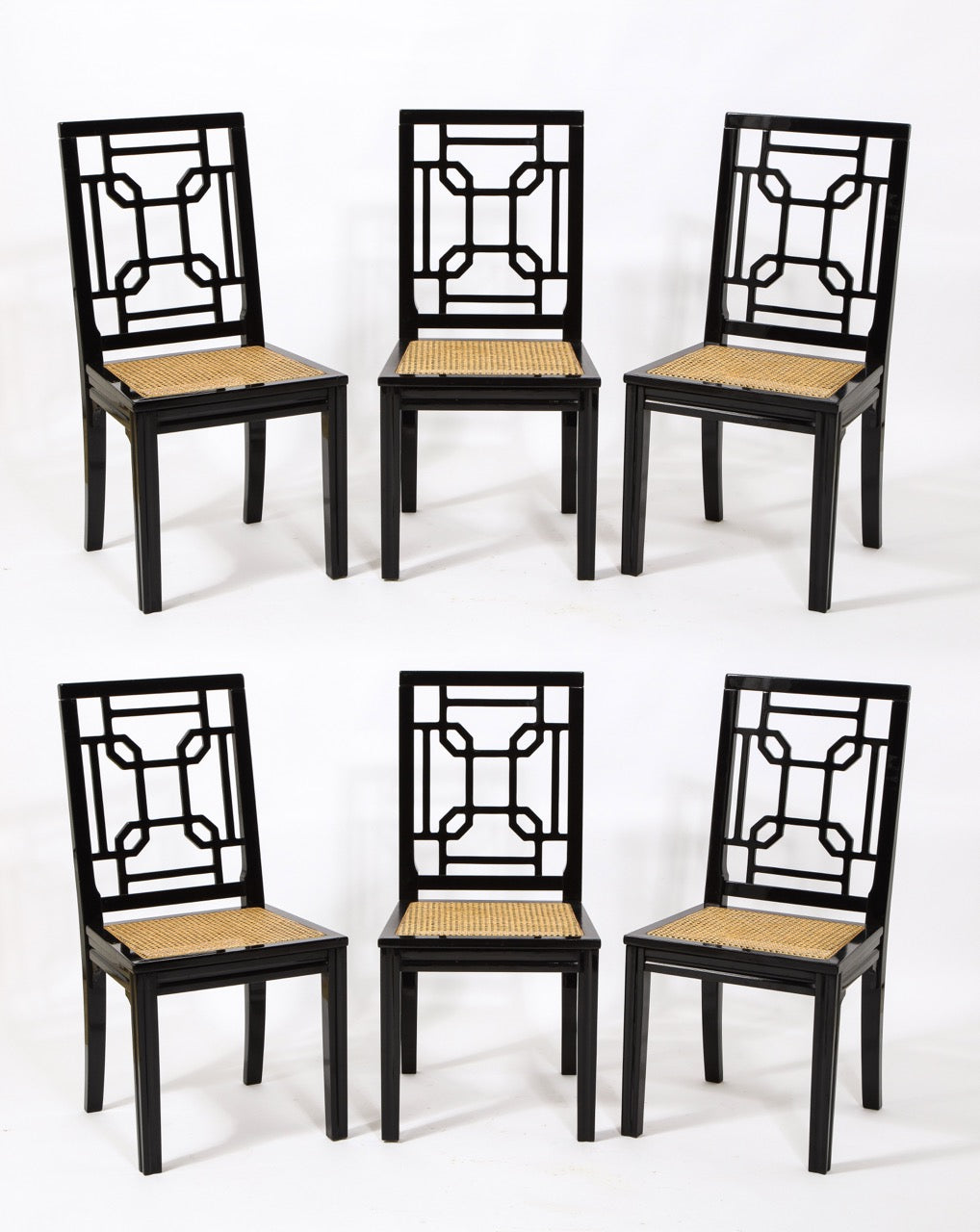 Asian Accents 6 Black Lacquer Wood Canned Chairs by Montina, Italy, 1970's