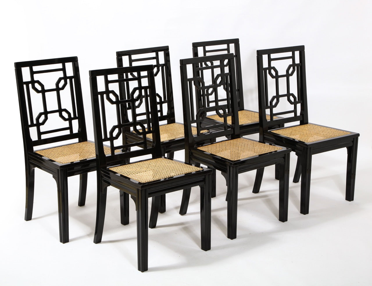 Asian Accents 6 Black Lacquer Wood Canned Chairs by Montina, Italy, 1970's