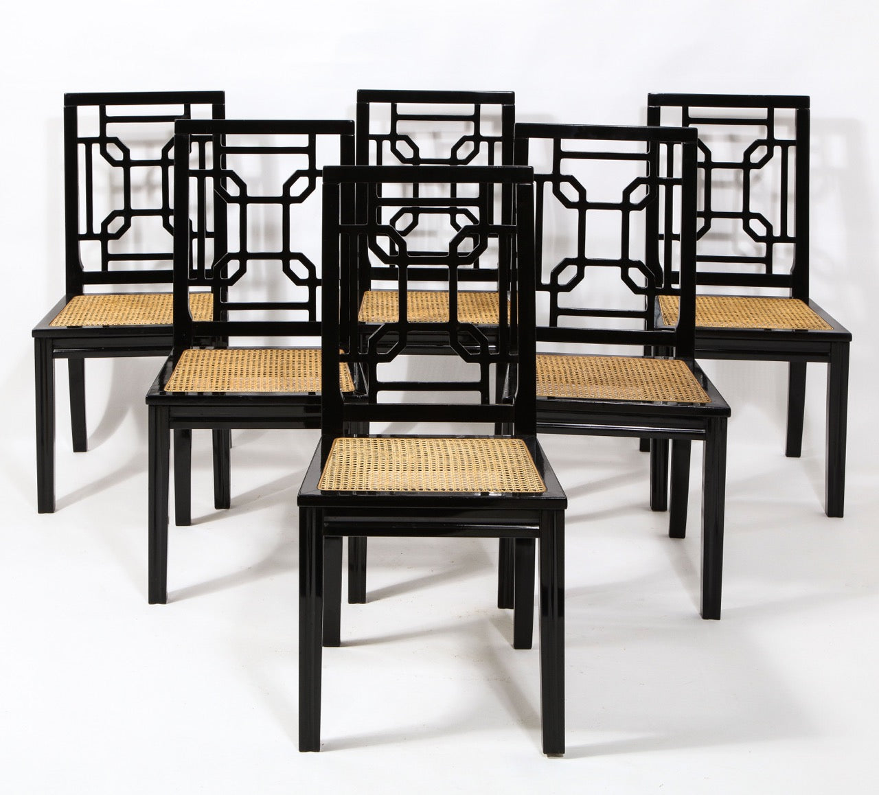 Asian Accents 6 Black Lacquer Wood Canned Chairs by Montina, Italy, 1970's