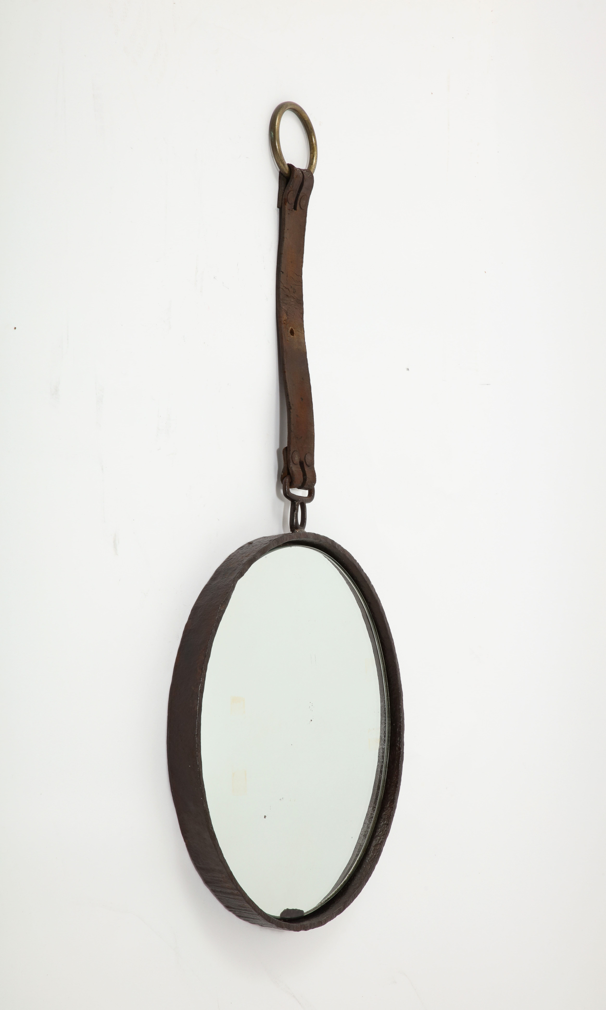 Brutalist Cast Iron, Brown Leather & Brass Wall Mirror - France 1970's