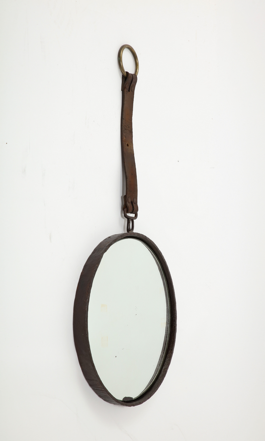 Brutalist Cast Iron, Brown Leather & Brass Wall Mirror - France 1970's