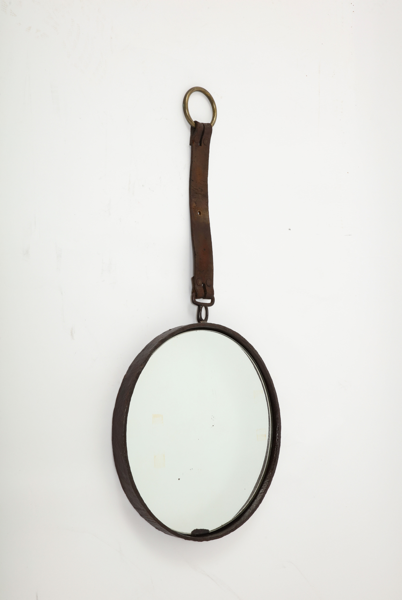 Brutalist Cast Iron, Brown Leather & Brass Wall Mirror - France 1970's