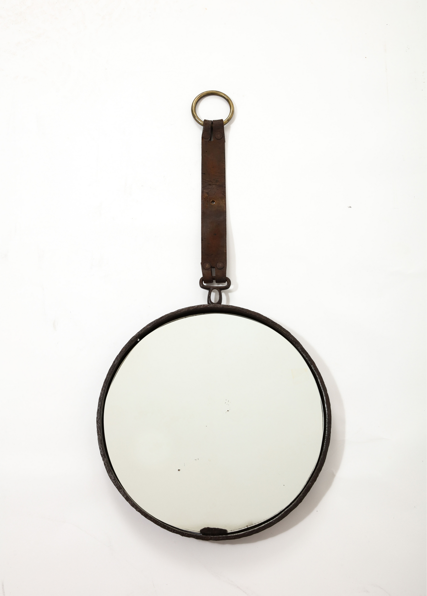 Brutalist Cast Iron, Brown Leather & Brass Wall Mirror - France 1970's