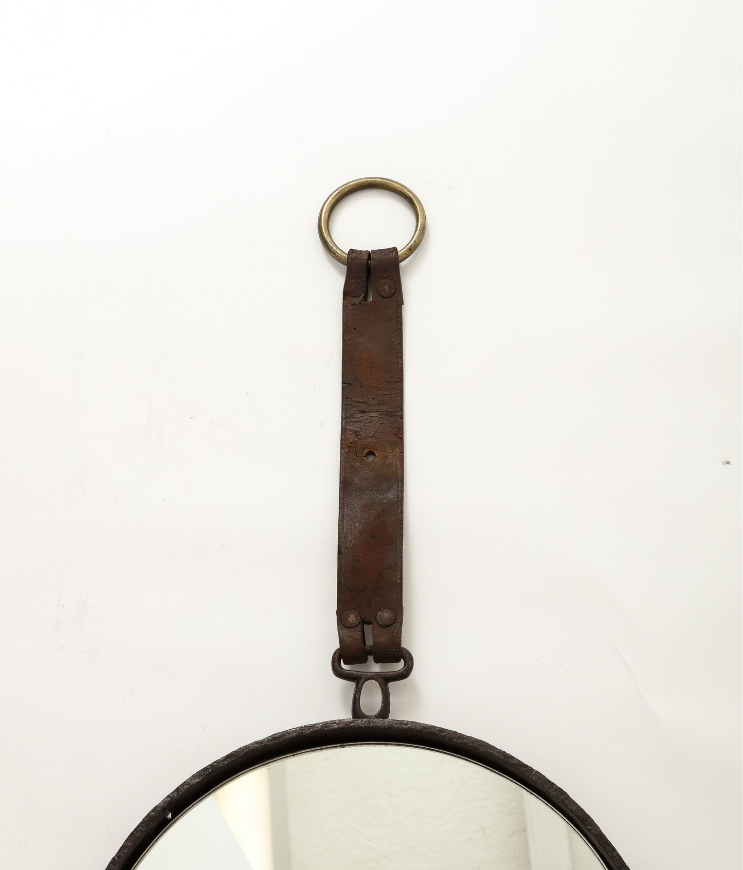 Brutalist Cast Iron, Brown Leather & Brass Wall Mirror - France 1970's