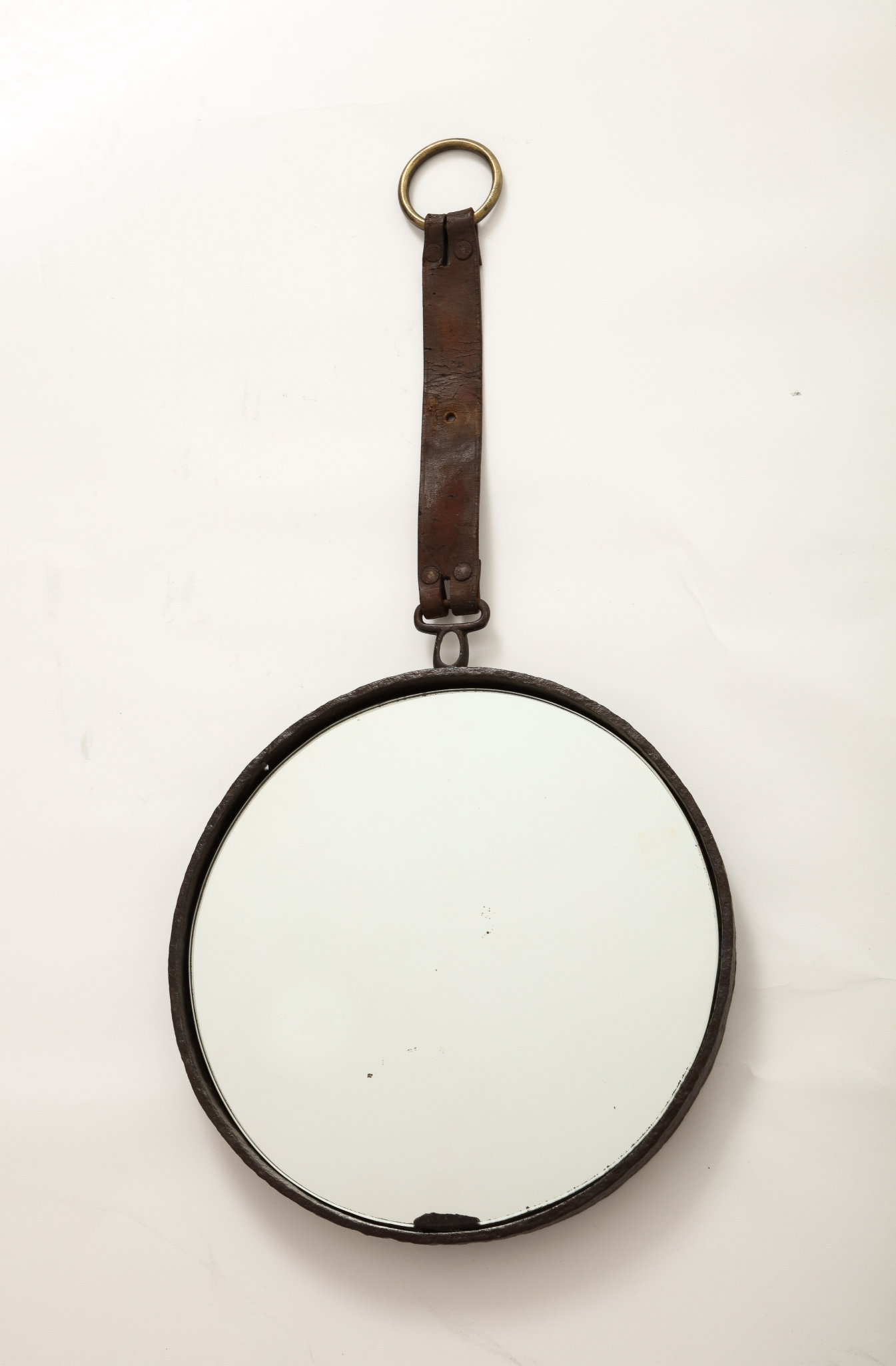 Brutalist Cast Iron, Brown Leather & Brass Wall Mirror - France 1970's