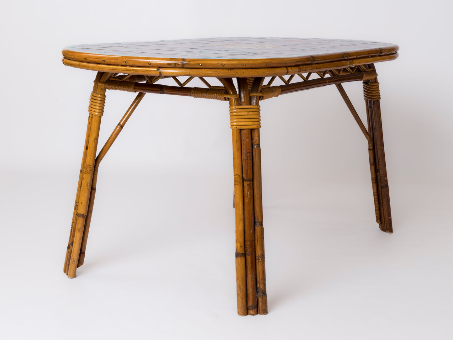 Ceramic Tiles & Rattan Dining Table by Audoux Minnet & Georges Chassin - 1960's